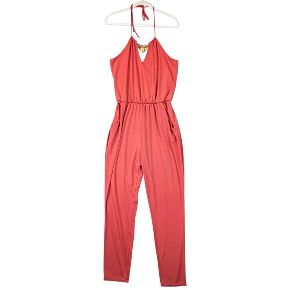 2B Bebe Jumpsuit Womens Large Coral Romper Sleeveless Fringe Necklace Pockets - Picture 1 of 16